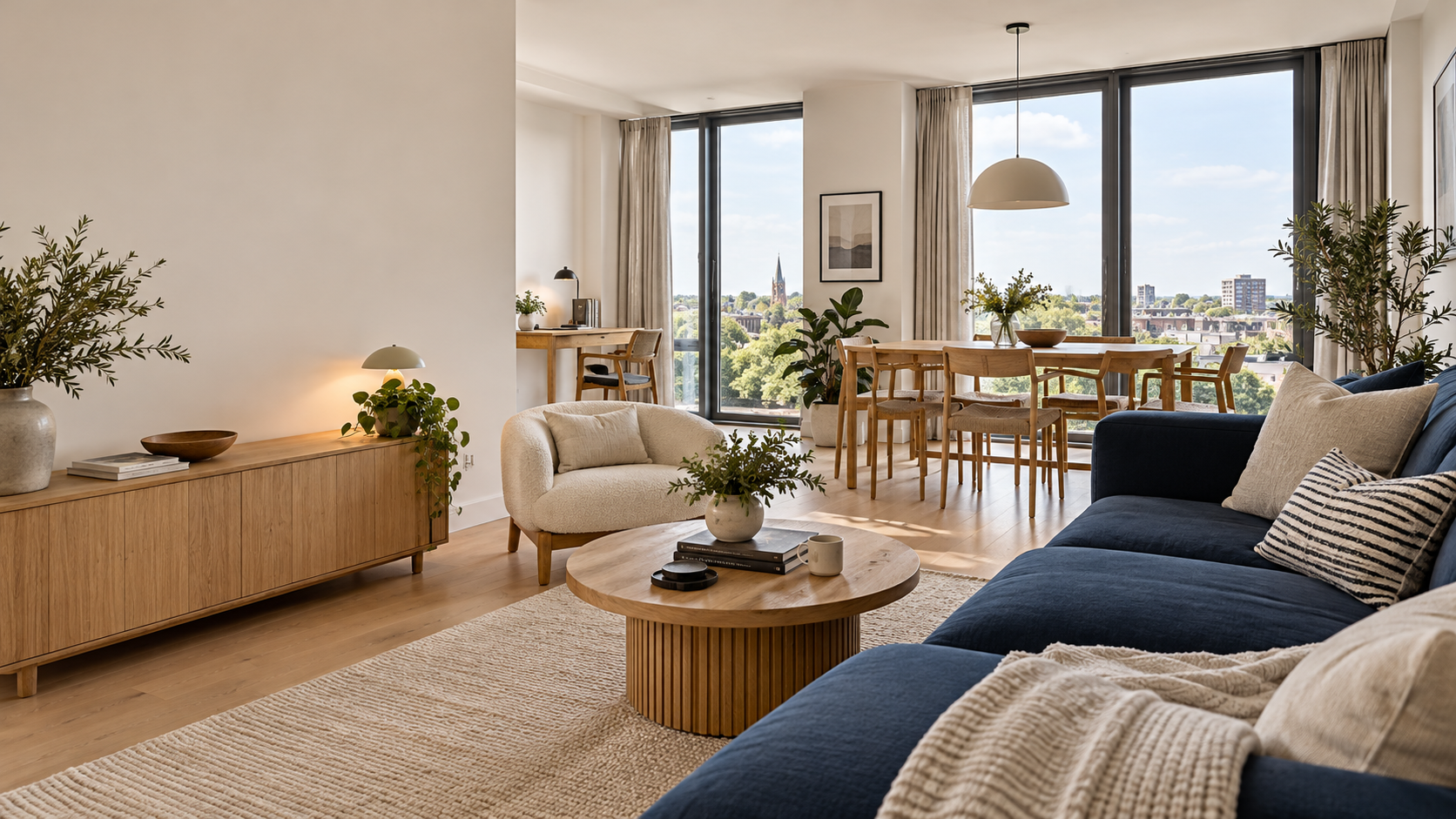 Illustrative modern furnished living room with navy sofa and dining area